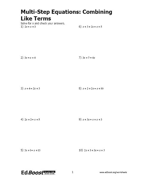 combining like terms two step equations worksheet